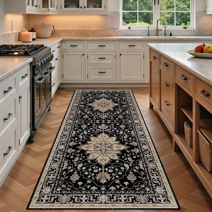Area Rugs 3'x7' Washable Non-Slip, Floral Vintage Distress Print Pattern Medallion Carpet for Living Room Bedroom Dining Room, Black Brown Neutral Dark Tan