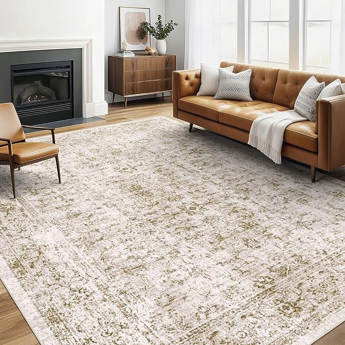 5x7 Area Rugs - Ultra-Thin Washable Rug with Non-Slip Backing, Ideal for Living Room, Bedroom, Dining Room Indoor - Vintage, Easy Clean, Durable, Low Pile Rug Olive
