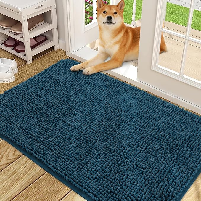 OLANLY Dog Door Mat for Muddy Paws 48x30, Absorbs Moisture and Dirt, Absorbent Non-Slip Washable Doormat, Quick Dry Chenille Mud Mat, Entry Indoor Entryway Carpet for Inside Floor, Atlantic Blue