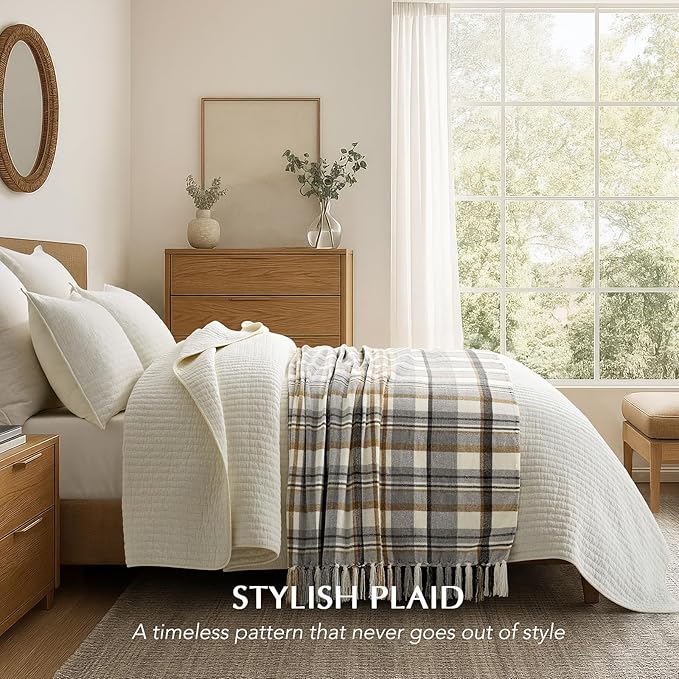 EVERGRACE Plaid Chenille Throw Blanket for Couch, Super Soft Cozy Decorative Farmhouse Plaid Throw with Tassels, Lightweight Chenille Knit Throw for Bed Sofa Gift Home Decor, Grey & Beige 50"x60"