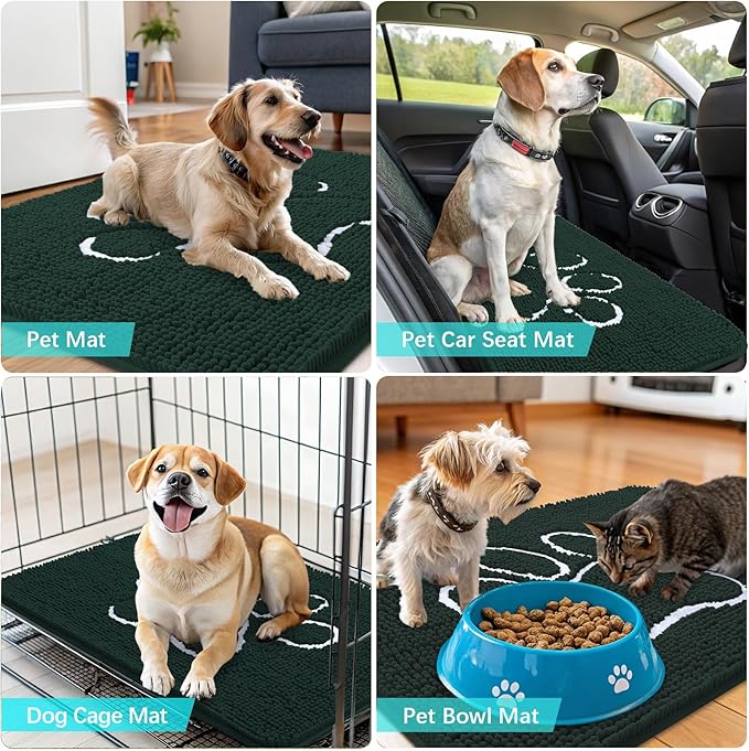 OLANLY Dog Door Mat for Muddy Paws 70x46, Paw Print Design, Absorbs Moisture and Dirt, Absorbent Non-Slip Washable Doormat, Quick Dry Chenille Mud Mat, Entry Indoor Entryway Carpet, Blackish Green