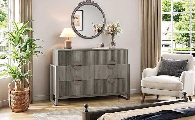 LGHM Fluted Dresser for Bedroom with 6 Drawers, Modern 6 Drawers Dressers with Semicylinder Fluted, Solid Chest of Drawers, 50" W Dresser with Bold Steel Frame, Metal Handles, Gray