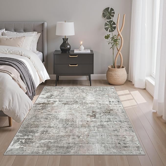 3x5 Rug, Abstract Small Area Rug for Kitchen, Entryway, Machine Washable Non-Slip Throw Rug, Vintage Carpet for Nursery Coffee Table Pink Grey