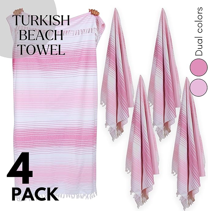 Native Fab Turkish Stripe Beach Towels 4 Pack - 40x71 Inch 100% Cotton Quick Dry Lightweight Thin Sand Free - Extra Large Peshtemal Towel for Adults Travel Bath Spa Pool Camp, Pink