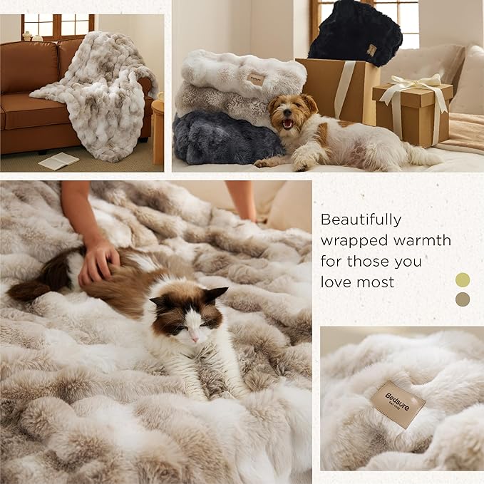 Bedsure GentleSoft Fluffy Faux Fur Throw Blanket, Fuzzy Soft Bubble Blanket for Couch, Faux Fur Decor for Home Bedroom Living Room, Thick Warm Furry Cozy Gifts for Women, Tie-dye Taupe, 50x60 Inch