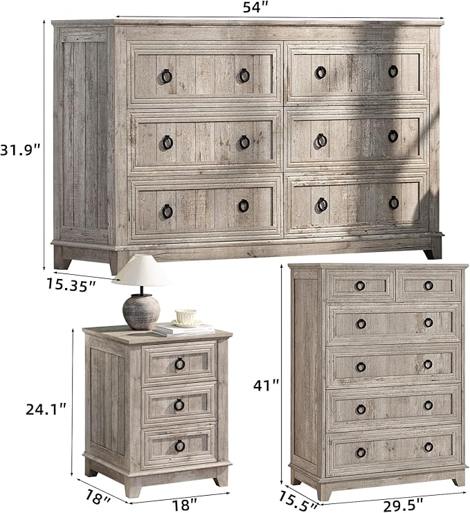 Bedroom Dresser and Nightstand Sets 4 Piece, Farmhouse 6 Drawers Dresser & 40.5" Tall Chest of Drawers, 18" Nightstands Set of 2, 54" Wide Furniture Dressers for Bedroom, Living Room, Grey