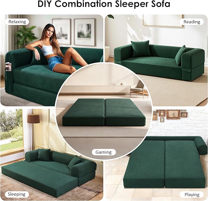 80" Convertible Sofa Bed, 3-in-1 Corduroy Folding Pull Out Couch with Pillows, No Assembly Modern Boneless Couch Compression Sofa in Box, Floor Sofa with Side Storage Pocket for Living Room,Dark Green
