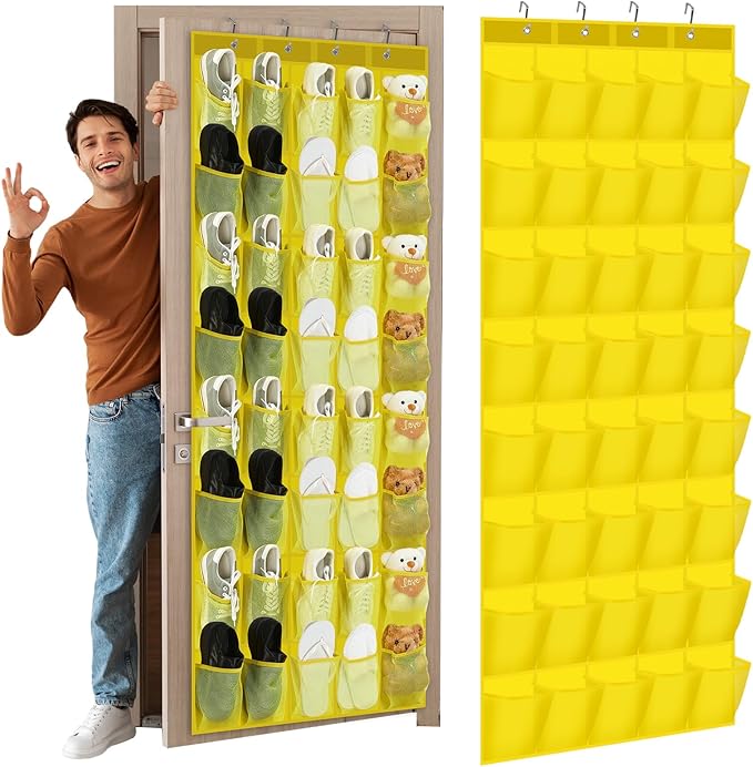 Windyun 40 Over the Door Shoe Organizer Large Mesh Pocket Hanging Shoe Rack for Closet Yellow Nonslip Behind Door Storage Holder Back to School Organizer for Dorm Room College Classroom Storage