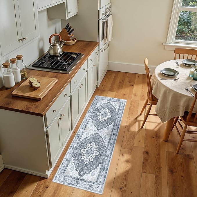 Area Rugs 2'x5' Washable Non-Slip, Floral Vintage Distress Print Pattern Medallion Carpet for Living Room Bedroom Dining Room, Light Gray Grey White