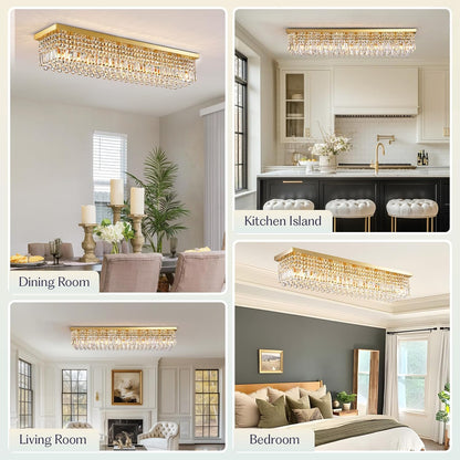 10 Lights Gold Flush Mount Rectangle Chandelier, Modern K9 Crystal Chandeliers Light Fixture Rectangular Raindrop Chandelier Pendant Island Light for Living Dining Room Kitchen Bar L47 Inch