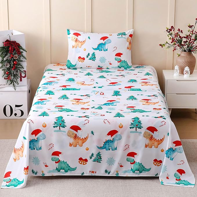 JSD Dinosaur Kids Christmas Sheet Set Twin Size, 3 Piece Soft Printed Microfiber Bed Sheets Deep Pocket