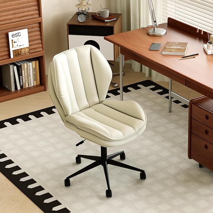 Home Office Desk Chair with Wheels, Armless Adjustable Height PU Leather Office Chair, Mid Back Ergonomic Computer Chair, Walnut Curved Seat Design No-Arm Chair (9008-White)
