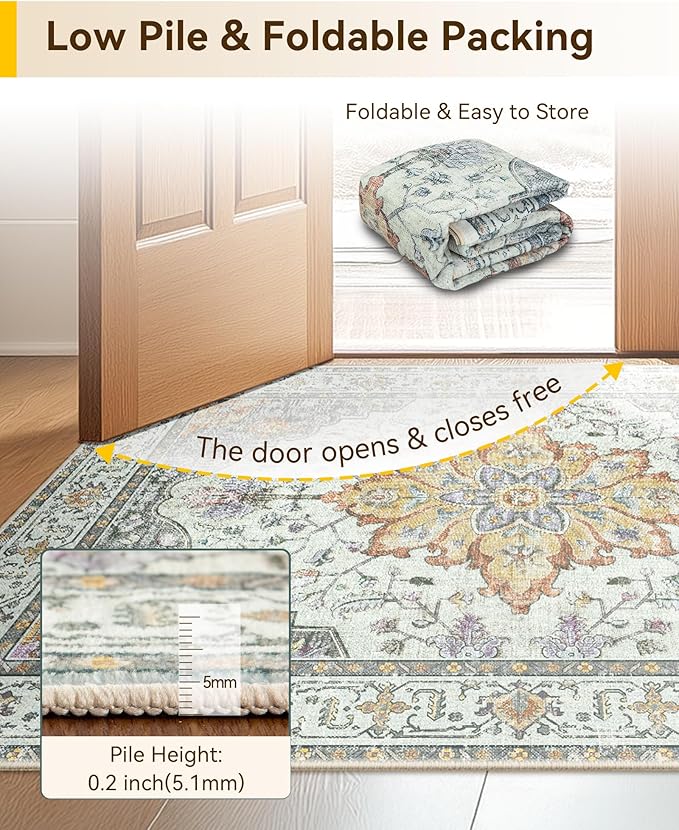 Area Rugs 2'x8' Washable Non-Slip, Floral Vintage Distress Print Pattern Medallion Carpet for Living Room Bedroom Dining Room, Light Yellow Carbon Grey Orange
