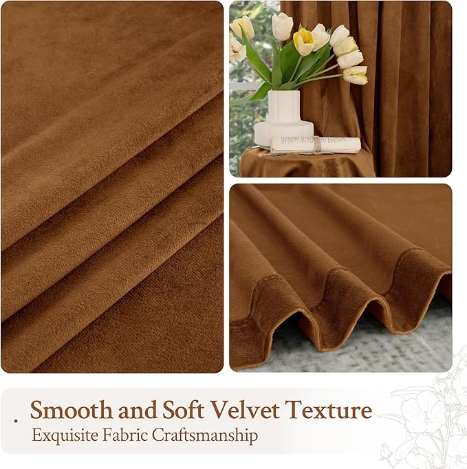 LAMIT Velvet Curtains for Living Room 96 Inches Long, Mid Century Thermal Blackout Curtains Room Darkening Back Tab and Rod Pocket Panels for French Country, 2 Panels, Bronze Brown, 52 x 96 Inch