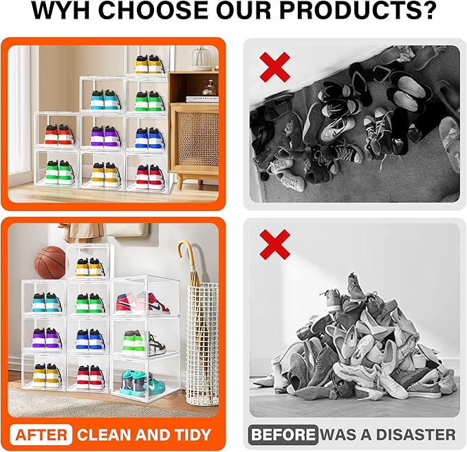 12 Pack Acrylic Shoe Organizer, Drop Front Shoe Boxes Fit US Size 13, Clear Stackable Hat Organizer Case for Closet, Entryway, Underbed, Multiple Display Cases for Hats, Figures, Sneakers