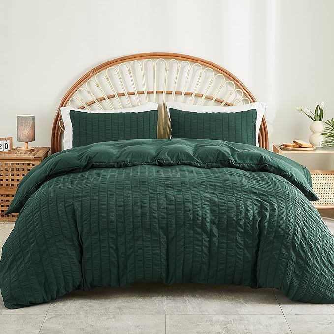 AveLom Dark Green Seersucker Duvet Cover Set Full Size (80 x 90 inches), 3 Pieces (1 Duvet Cover + 2 Pillow Cases), Ultra Soft Washed Microfiber, Textured Duvet Cover with Zipper Closure, Corner Ties