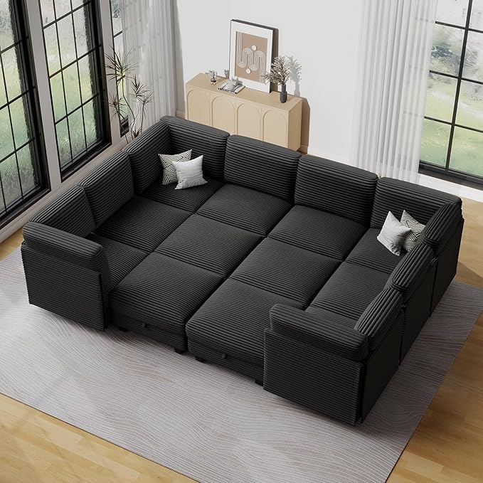 Modular Sectional Sofa with Adjustable Backrest, Large Convertible L/U-Shaped Sleeper Couch for Living Room, Cloud Sofa Bed Modern Reversible Design, Black