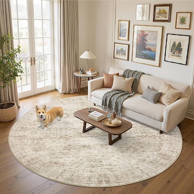 8x8 Beige Round Rug 8ft Living Room Circle Rug Vintage Round Area Rug Non Slip Indoor Carpet for Apartment