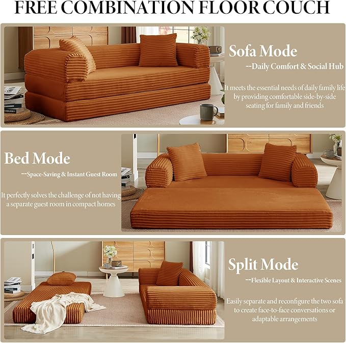 Convertible Futon Sofa Bed, Fold Out Floor Sofa Couch with Sleeper Sofa,Folding Boneless Couches with Deep Seat,Cloud Corduroy Foldable Mattress Couch for Living Room (Orange)