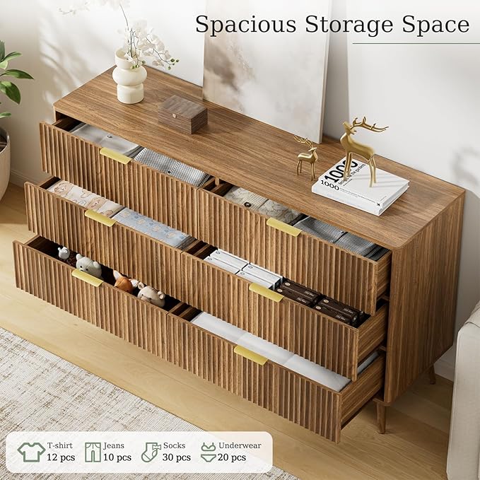 LYNSOM Fluted Dresser and Nightstand Sets 3 Piece, 6-Drawers Dresser and 1-Drawer Nightstands Set of 2, Wood Bedroom Furniture Set for Home, Bedroom, Hallway, Walnut