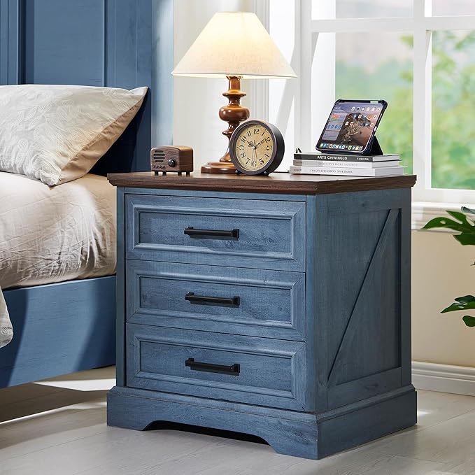 ACCOHOHO Farmhouse Nightstand with Charging Station, 22 Inch Wide End Table with 3 Large Drawers & Bar Handles, Rustic Wood Small Dresser Chest of Drawers for Bedroom, Living Room, Closet, Blue