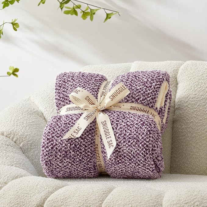 Snuggle Sac Purple Reversible Super Soft Blanket Twin Size for Bed and Sofa, Warm Cozy Knit Blankets Fuzzy Plush, Heather Purple, 60x80 inches