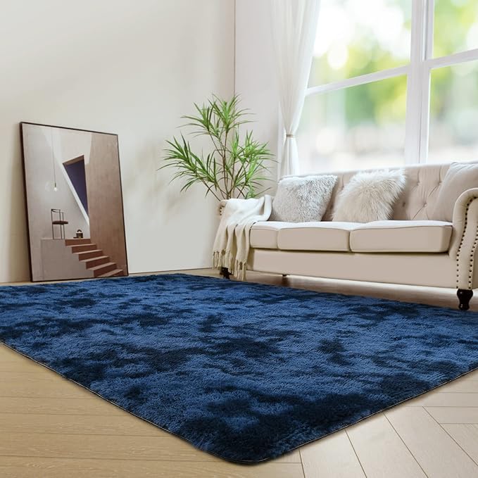 duduta 6x9 ft Navy Blue Rectangle Fluffy Rug, Tie-Dyed Shag Fuzzy Plush Rectangle Carpet for Bedroom Nursery Living Room Home Decor