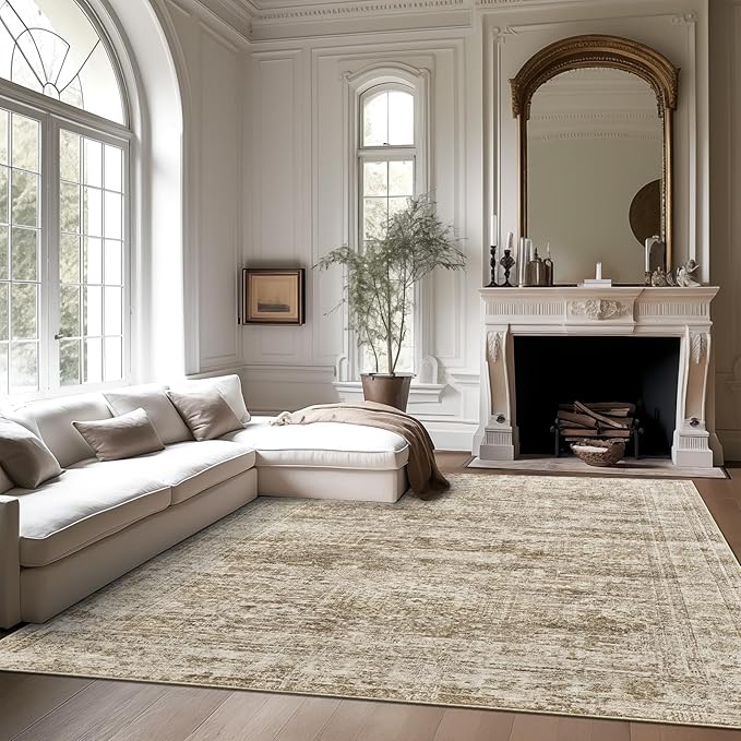 9x12 Area Rugs for Living Room, Non Slip Machine Washable Vintage Rugs, Low Pile Lightweight Large Rug for Bedroom, Dining Room, Home Office Brown