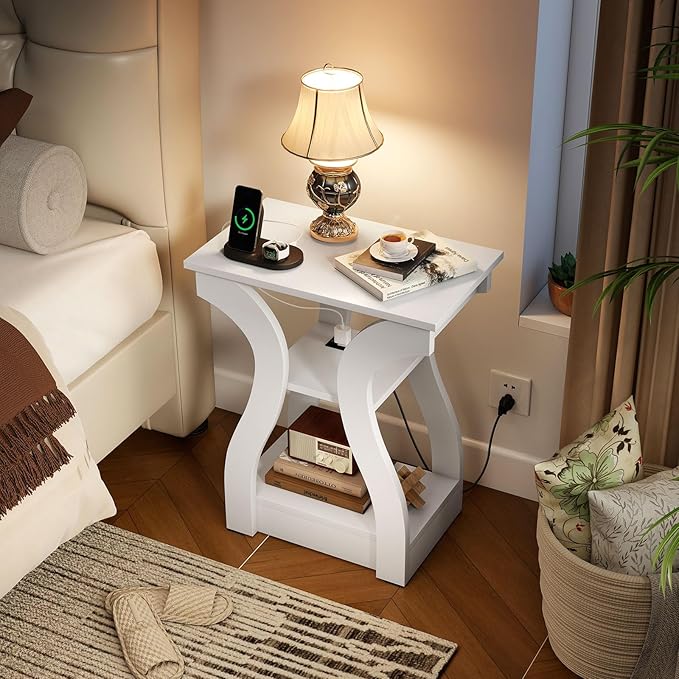 Giantex Narrow End Tables with Charging Station Set of 2, Wood Sofa Side Tables with Open Storage Shelves, Bedside Tables with USB Ports & Outlets, Modern Nightstands for Living Room, Bedroom, White