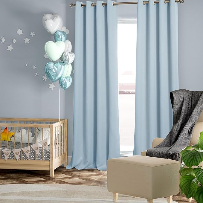 BGment Baby Blue 100% Blackout Curtains for Nursery Bedroom 90 Inch Length 2 Panels, Thermal Insulated Full Light Blocking Grommet Noise Cancelling Window Curtains for Kids Room, 52 Inch Wide Each