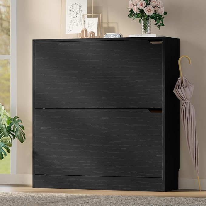 Shoe Cabinet with 2 Flip Drawers, Slim Narrow Shoe Storage Cabinet, Freestanding Shoe Organizer with Adjustable & Removable Shelves, Top Display Shelf for Entryway, Hallway, Foyer, Closet