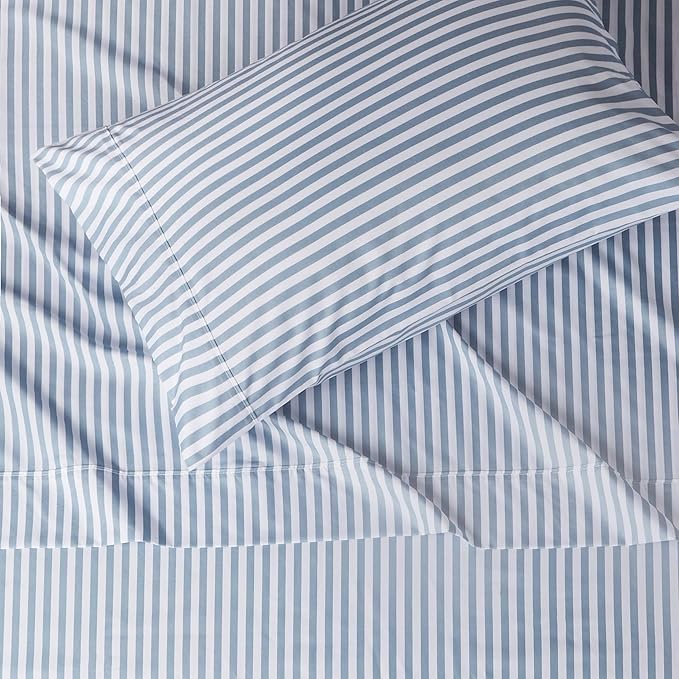 Amazon Basics Lightweight Super Soft Easy Care Microfiber 3 Piece Bed Sheet Set With 14-inch Deep Pockets - Twin, Dusty Blue Pinstripe,Printed