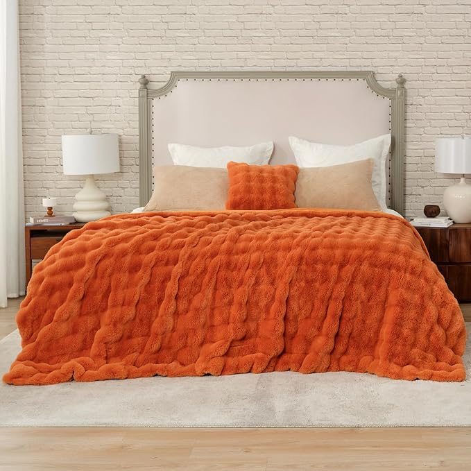 Cozy Bliss Faux Fur Throw Blanket for Couch, Bubble Plush Blanket King Size, Fuzzy Soft & Thick Blanket for Fall Bed Sofa Living Room, 108x90 Inches Halloween Burnt Orange