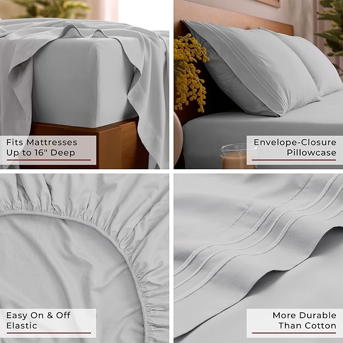 Mellanni California King Sheet Set - 6-Piece Iconic Collection Bedding, (Including 4 Pillowcases), 16-Inch Deep Pocket, Easy Care, Extra Soft, Cooling Sheets, Brushed Microfiber - Light Gray
