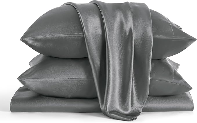 Bedsure Satin Sheets King Size - 4 Piece Silky Bedsheets with 15 Inches Deep Pocket Fitted Bedsheet,1 Flat Sheet, 2 Satin Pillowcases, Good for Hair & Skin (King, Dark Grey)