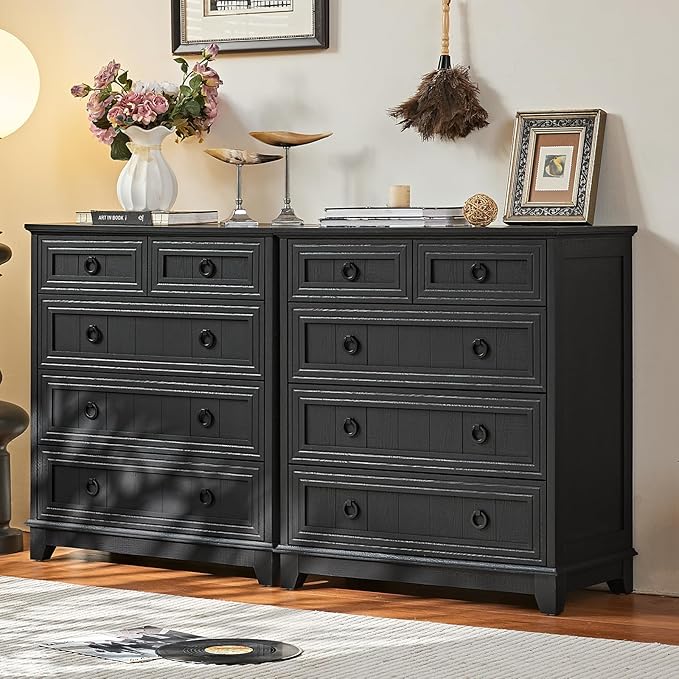 Farmhouse 5 Drawer Dresser for Bedroom Set of 2, 33.2" Tall Small Dressers & Chest of Drawers, Rustic Wood Dresser with Metal Handle, Storage Organizer Closet for Living Room, Hallway,Entryway