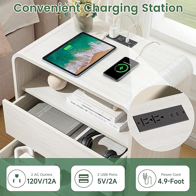White Nightstand Set of 2 with Charging Station, 23.2" Wide Wood Bedside Table, Modern End Table with 2 Storage Drawers, Curved Profile, Handleless, Mid Century Night Stand for Bedroom