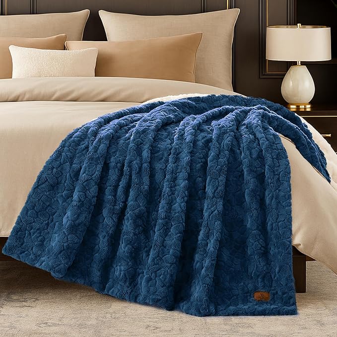 Cozy Bliss Faux Fur Throw Blanket for Couch, Fuzzy Soft Plush Thick Warm Fluffy Reversible Wave Textured Blanket for Sofa Bedroom Living Room, 55 * 70 Inches Navy Blue