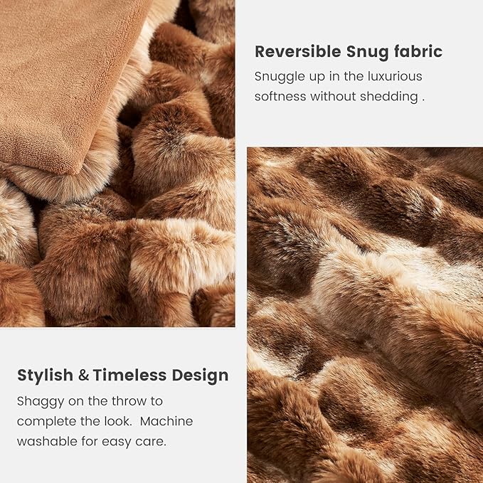 Cozy Bliss Faux Fur Throw Blanket Queen Size, Fuzzy Soft Plush Thick Bubble Blanket for Bed Couch Bedroom Living Room, 90x90 Inches Tie-dye Brown