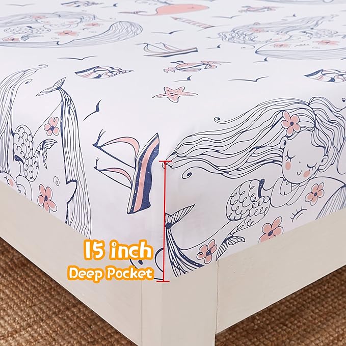 JSD Mermaid Girls Sheet Set Twin Size, 3 Piece Ocean Theme Microfiber Kids Bed Sheets Deep Pocket