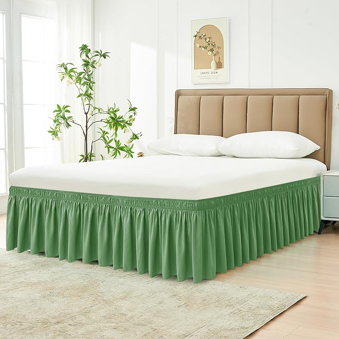 Biscaynebay Wrap Around Bed Skirts for Queen Size Beds 18" Drop, Sage Adjustable Elastic Dust Ruffles Easy Fit Wrinkle Resistant Silky Luxurious Fabric Machine Washable