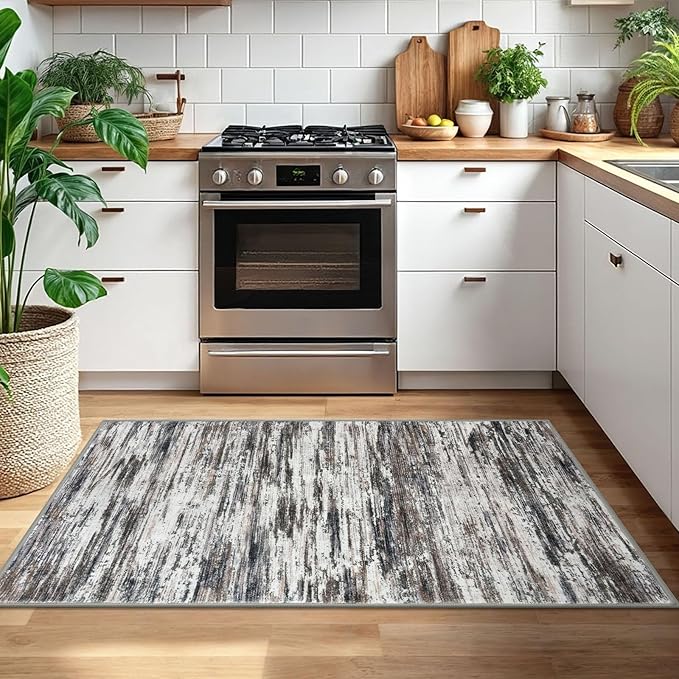 3x5 Modern Abstract Area Rug for Entryway, Grey Brown Super Soft Washable Rug with Non-Slip, Low-Pile Door Mat Indoor for Living Room Bedroom, Carpet with Non-Shedding
