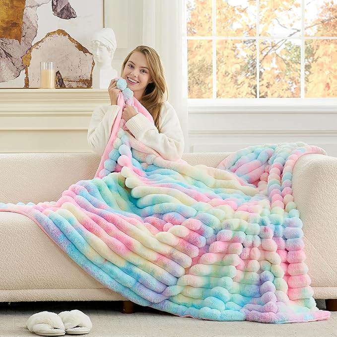 Cozy Bliss Faux Fur Throw Blanket for Couch, Cozy Warm Plush Striped Blanket for Sofa Bedroom Living Room, 60 * 80 Inches Tie-dye Rainbow