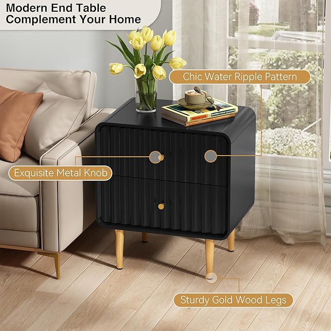 HLR Modern Nightstand Set of 2, Fluted Bed Side Table with 2 Drawers Storage, Wood End Table with Gold Metal Handle, Black Night Stands for Bedroom