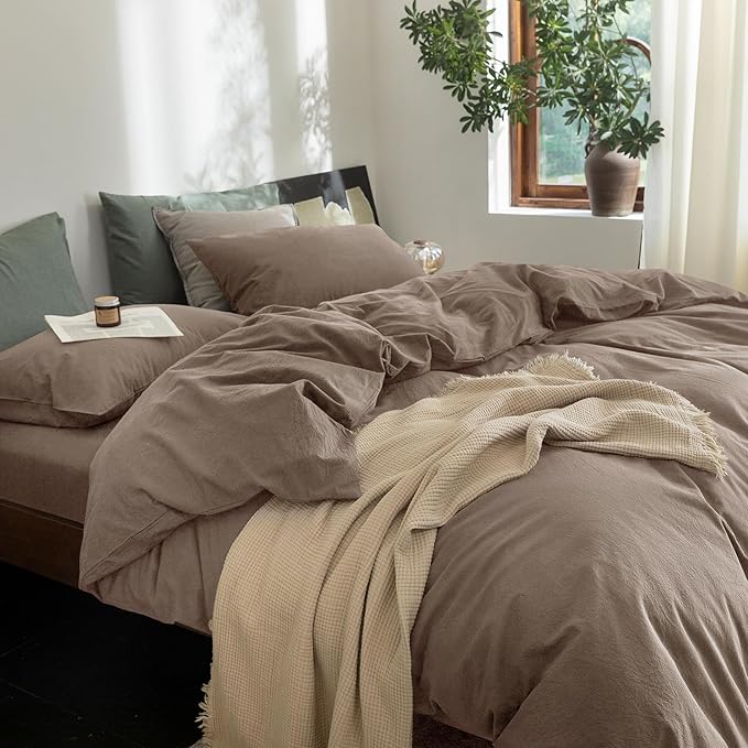 FOSSA Duvet Cover Set 100% Washed Cotton Linen Feel Super Soft Breathable Cozy 3 Pieces Bedding Sets Solid Pale Brown California King