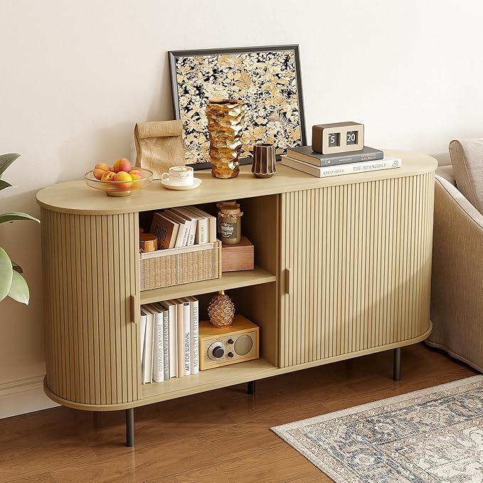 ONBRILL 55" Sideboard Buffet Cabinet with Storage, Sliding Door & Adjustable Shelf, Modern Accent Coffee Bar Console Table for Kitchen, Entryway, Oak
