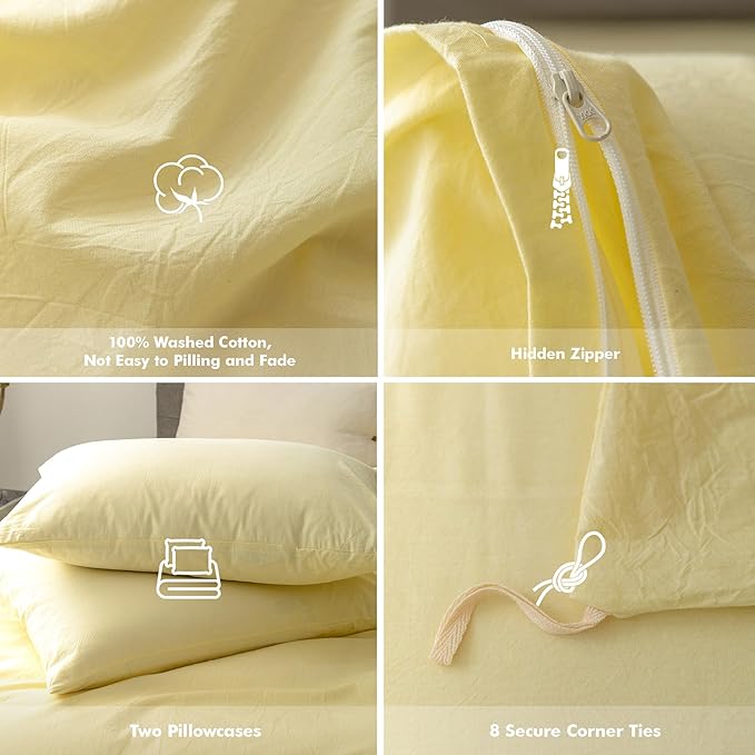FOSSA Duvet Cover Set 100% Washed Cotton Linen Feel Super Soft Breathable Cozy 3 Pieces Bedding Sets Solid Pastel Yellow Queen