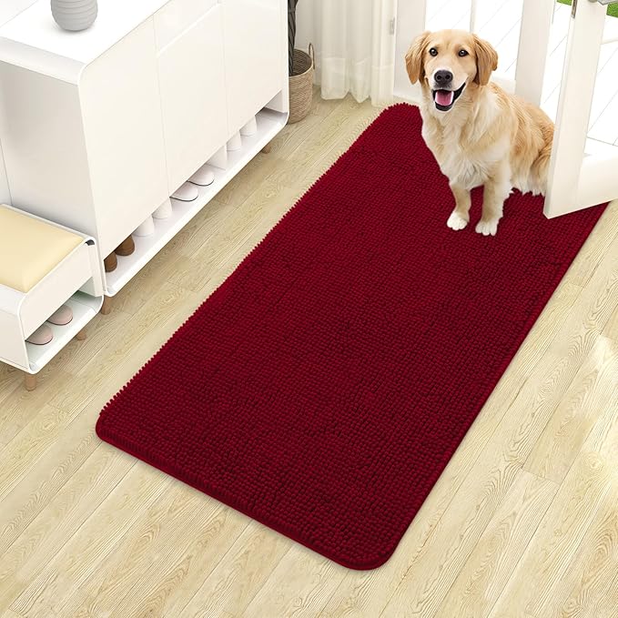 OLANLY Dog Door Mat for Muddy Paws 40x24, Absorbs Moisture and Dirt, Absorbent Non-Slip Washable Doormat, Quick Dry Chenille Mud Mat for Dogs, Entry Indoor Entryway Carpet for Inside Floor, Red