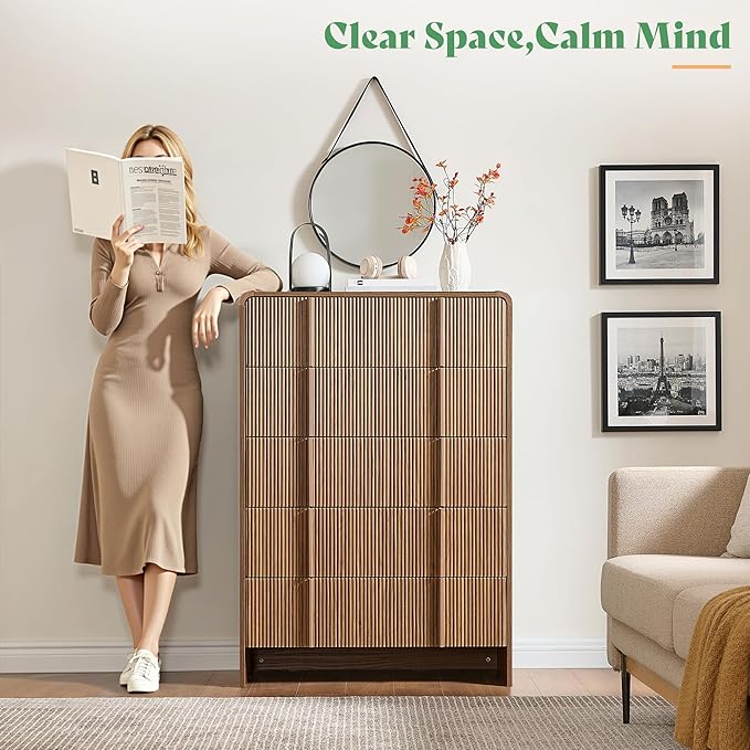 AMERLIFE Fluted 5 Drawer Dresser, 48" Tall Modern Chest of Drawers with Pine Handles, Rounded Corners & Anti-Tip, Wood Drawer Organizer for Cloth, Bedroom, Living Room, Hallway, Dark Walnut