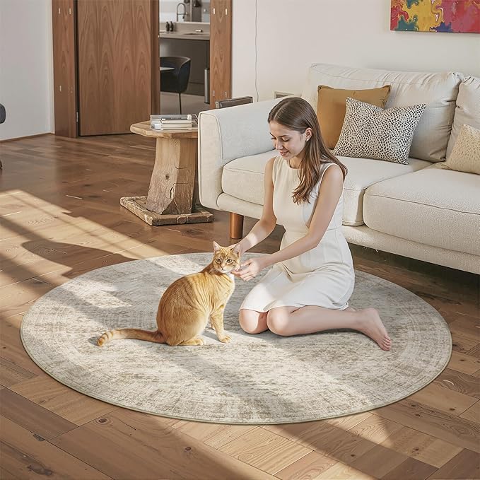 6x6 Beige Round Rug 6ft Living Room Circle Rug Vintage Round Area Rug Non Slip Indoor Carpet for Dining Room Bedroom